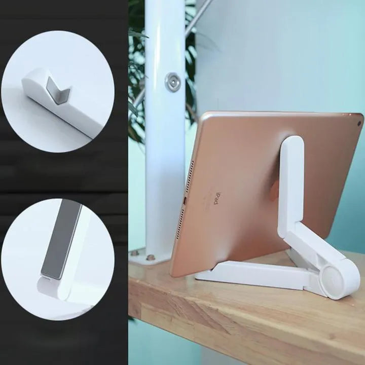 Black foldable tablet holder holding a smartphone in landscape mode on a desk.