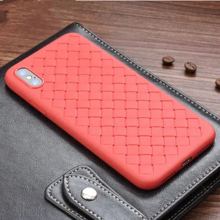 Luxury grid weave pattern TPU phone case for iPhone models in various colours showing raised edges and precise cutouts.