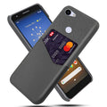 A solid-colour leather back cover case for a Google Pixel smartphone on a table.