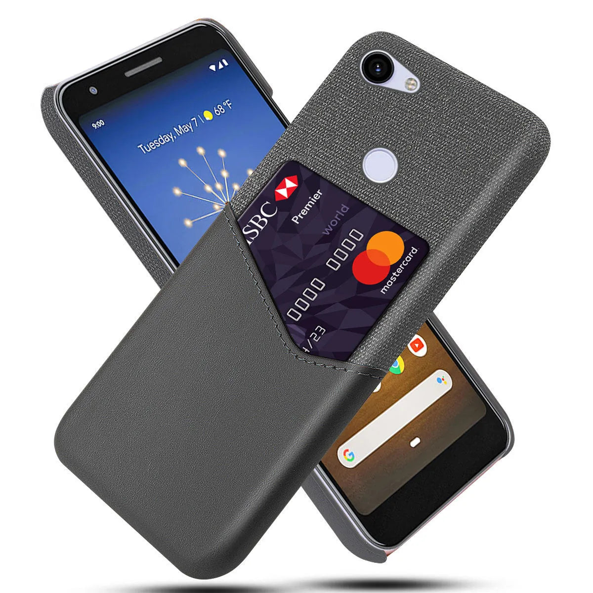 A solid-colour leather back cover case for a Google Pixel smartphone on a table.