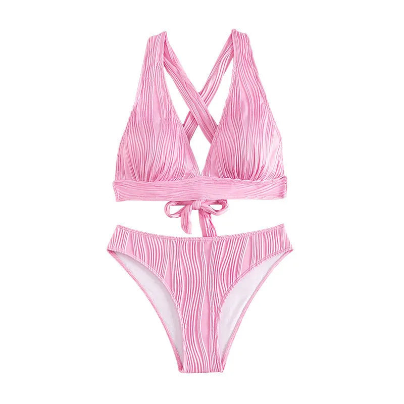 Women's pink halter strap split swimsuit bikini with matching shorts