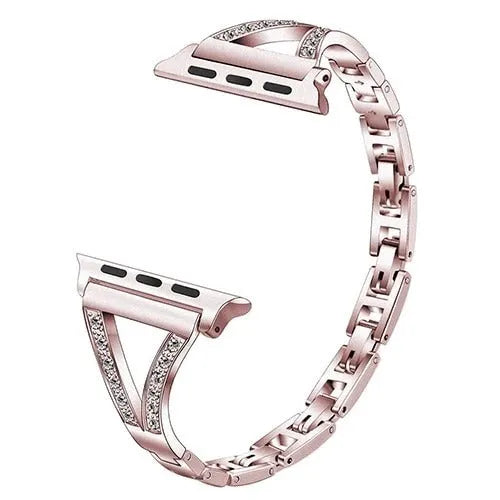 Stainless steel Apple Watch strap with diamond-studded bezel in rose gold colour