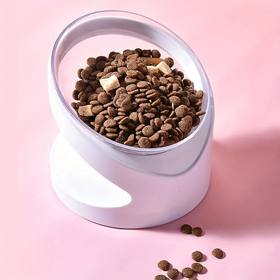 White elevated plastic cat food bowl with a slanted design for comfortable feeding.