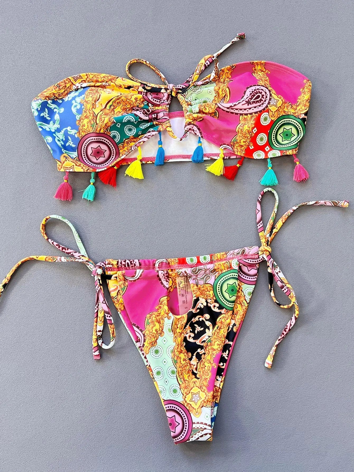 Women's printed tube top bikini swimwear set with briefs, polyester fabric and spandex lining