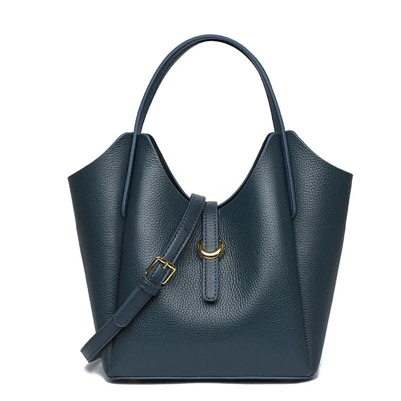 Genuine leather women's retro bucket handbag in beige colour showing sandwich pocket detail