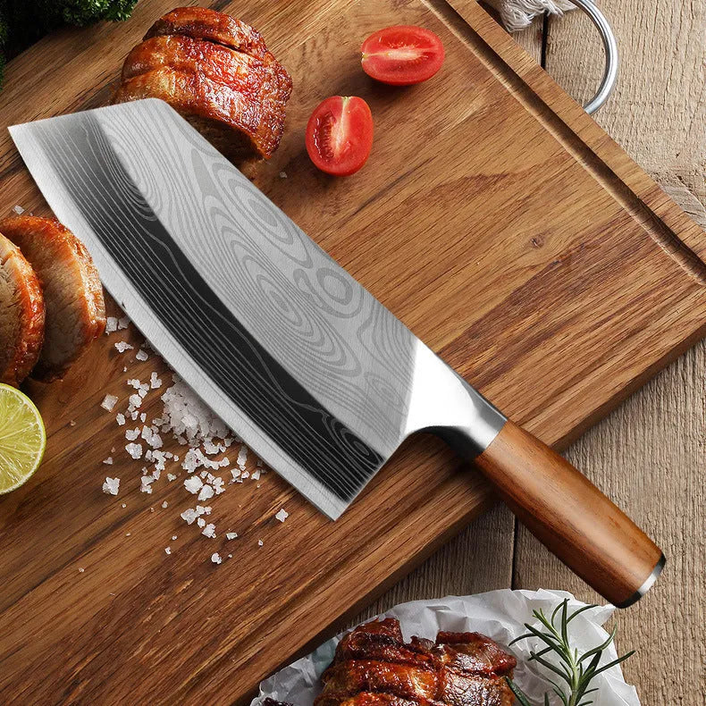 Stainless steel kitchen knife with a long 320mm blade on a cutting board