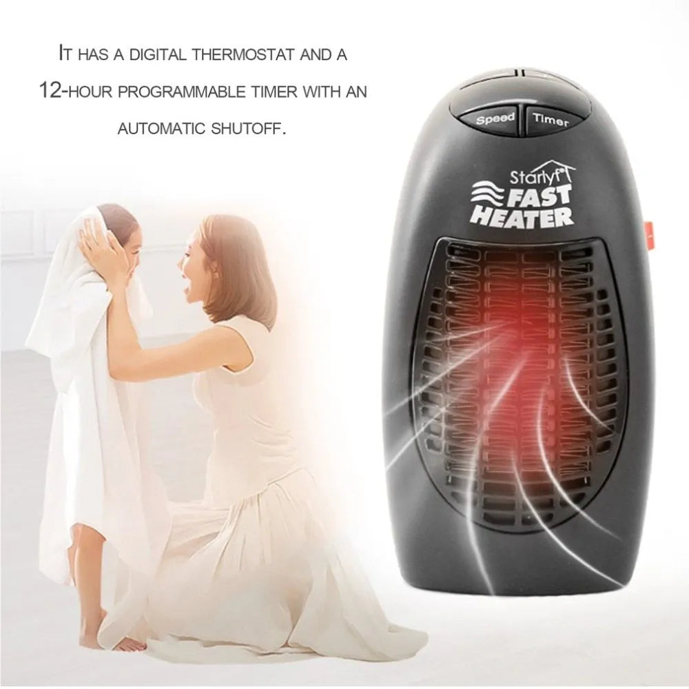 Black compact ceramic electric heater with digital display and rotating three-prong plug