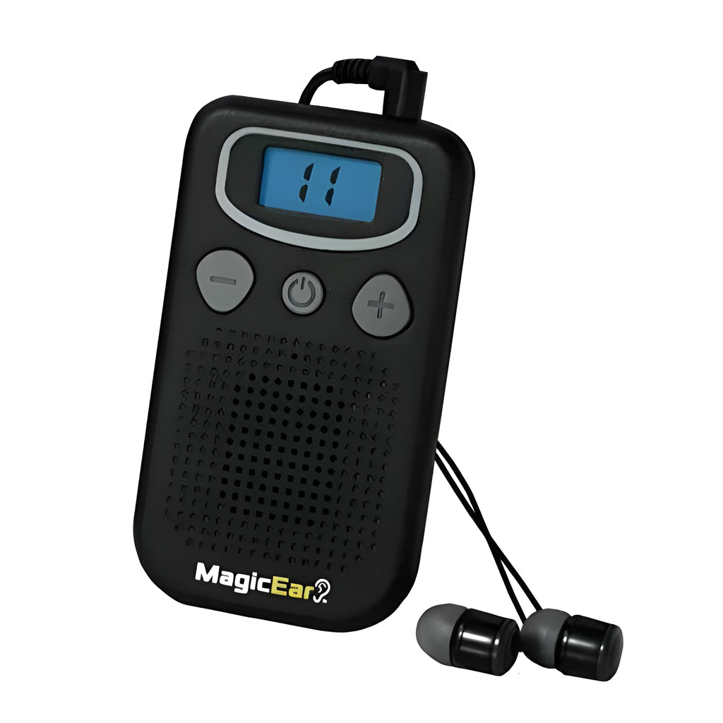 Magic Ear Personal Voice Enhancer, a brilliant coloured digital hearing aid booster with a design like a handheld FM radio.