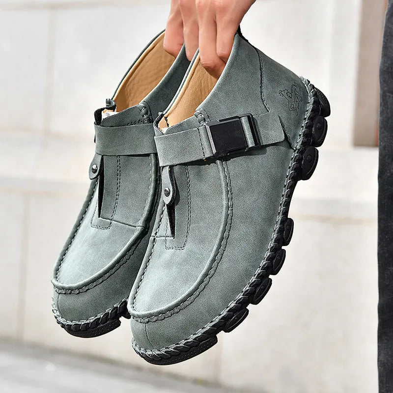Handmade stitching casual flat bottom slip on shoes in synthetic leather available black green brown