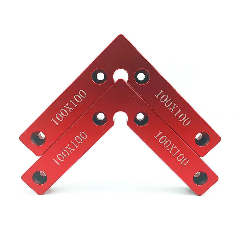 Aluminium right angle positioning block for woodworking jigsaw, showing scale and 90-degree clamp.