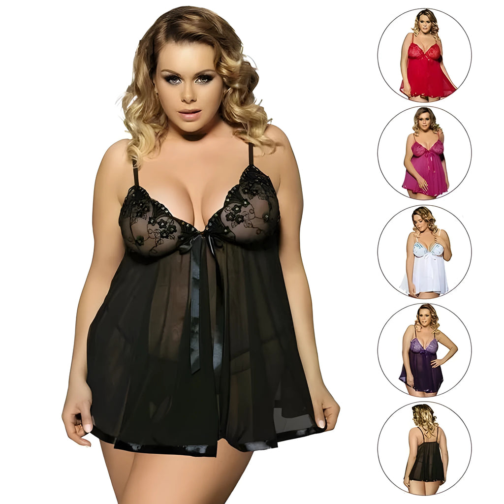 Plus size women's lingerie sleepdress with lace detailing in purple colour