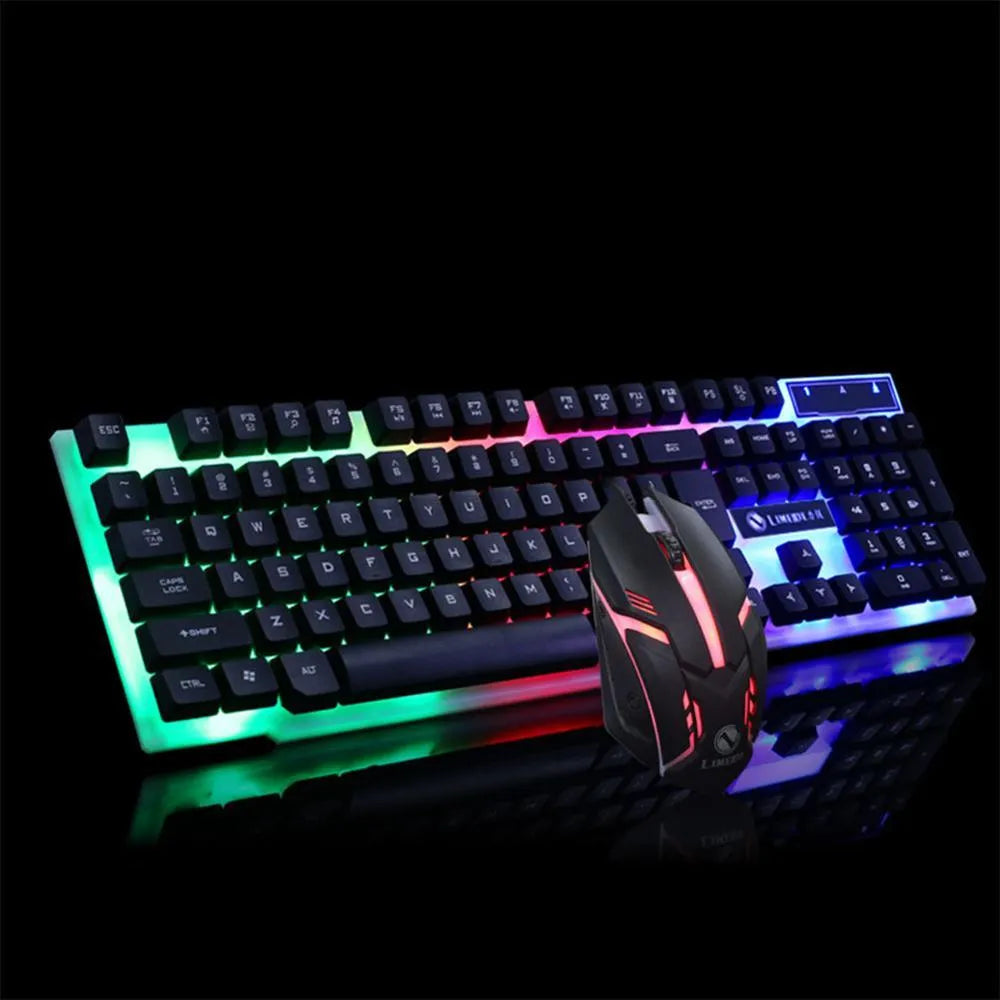 GTX300 black and white wired USB gaming keyboard and mouse set with backlit keys on a desk