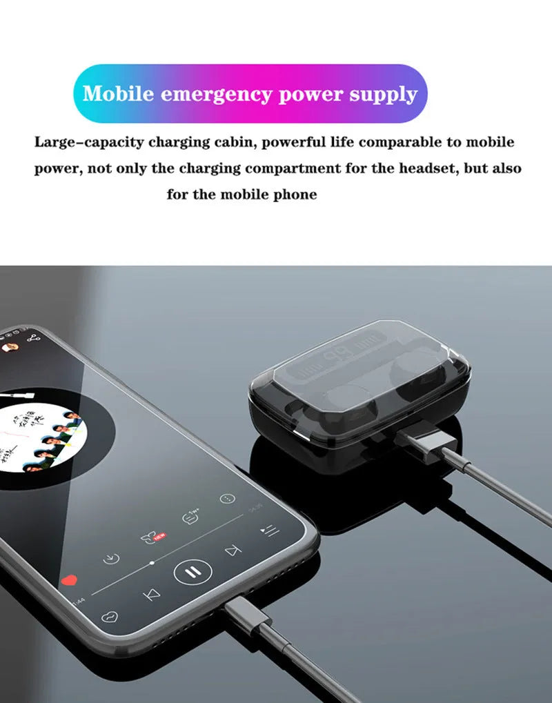 Black M11 style wireless Bluetooth headset with digital display, shown with its charging case that has a built-in mobile phone holder.