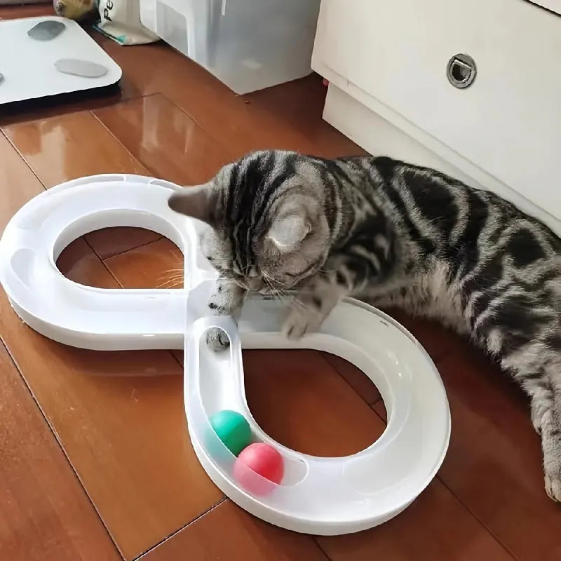 Blue and white interactive cat toy turntable track ball set with teasing stick for kitten play