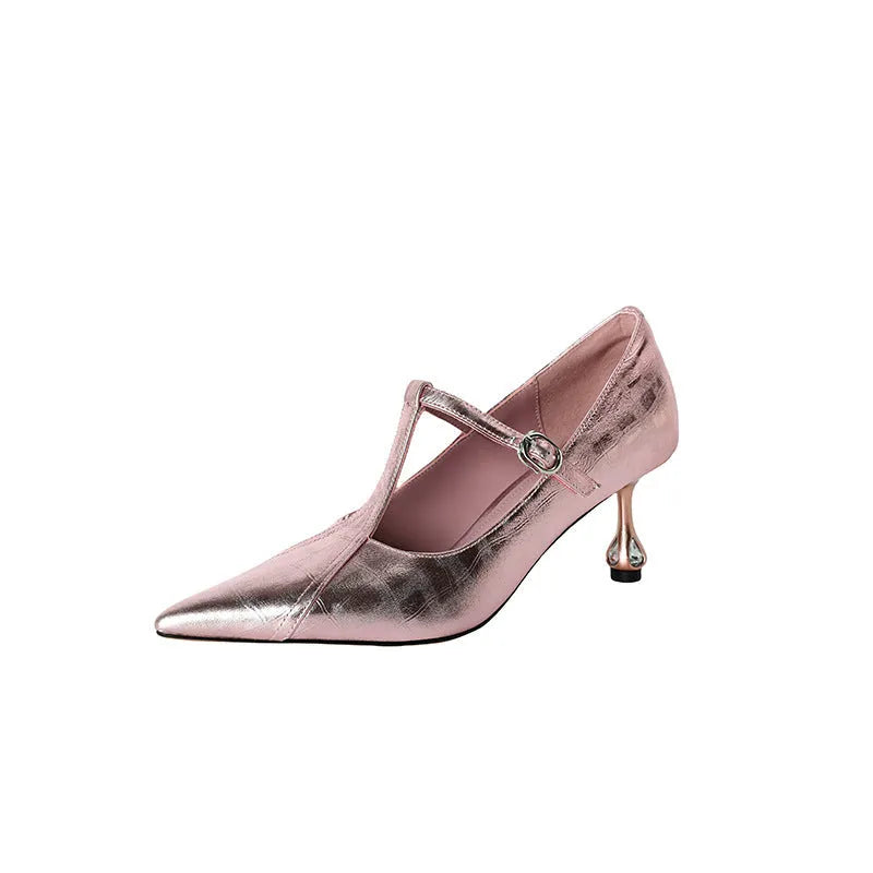Genuine leather women's high heels with chunky mid heel and pointed toe in Mary Jane style