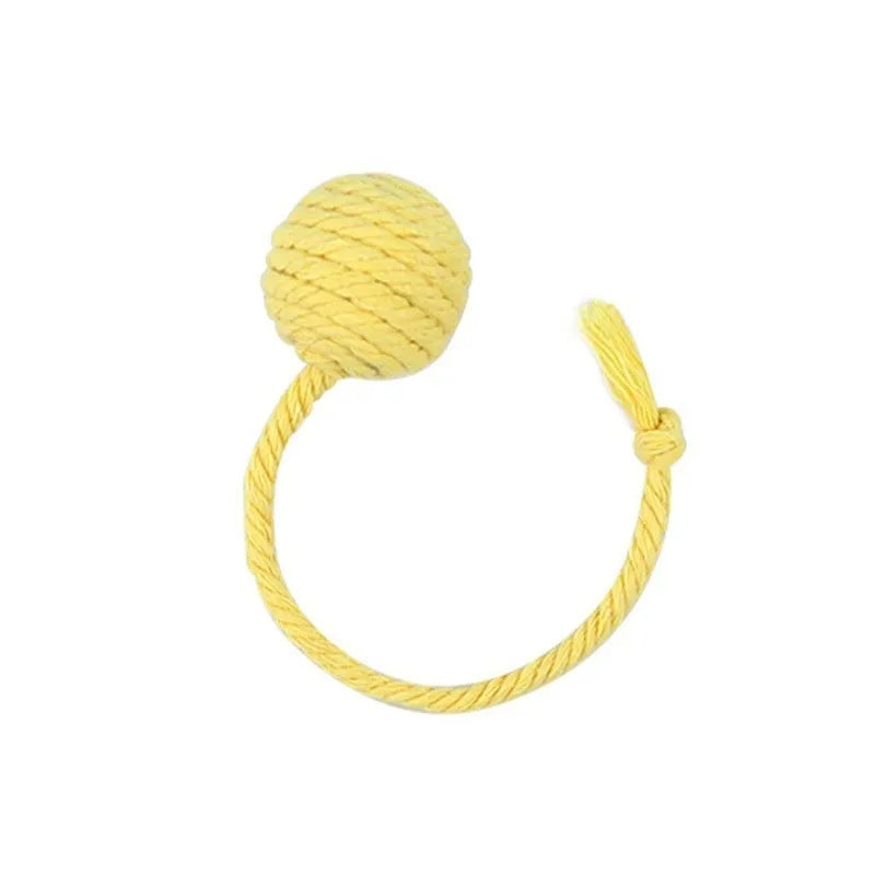 Interactive cat toy ball with rope attachment and built-in bell in green, pink, purple and yellow colours