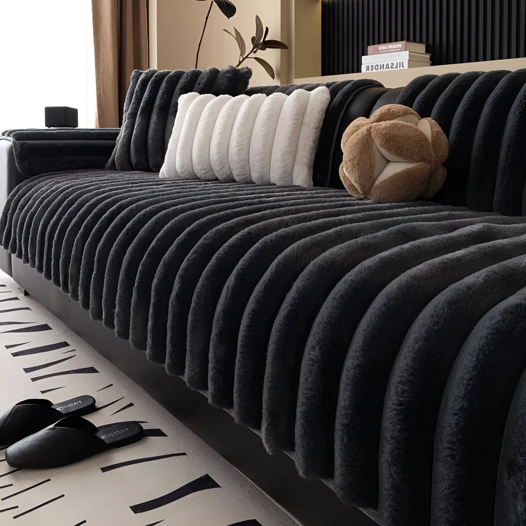 Striped Rabbit Plush Thickening Sofa Cushion Winter Non-Slip Flannel Furniture Cover in Multiple Sizes Colour Options Dark Gray Light Coffee Milky White for Home Living Room Use