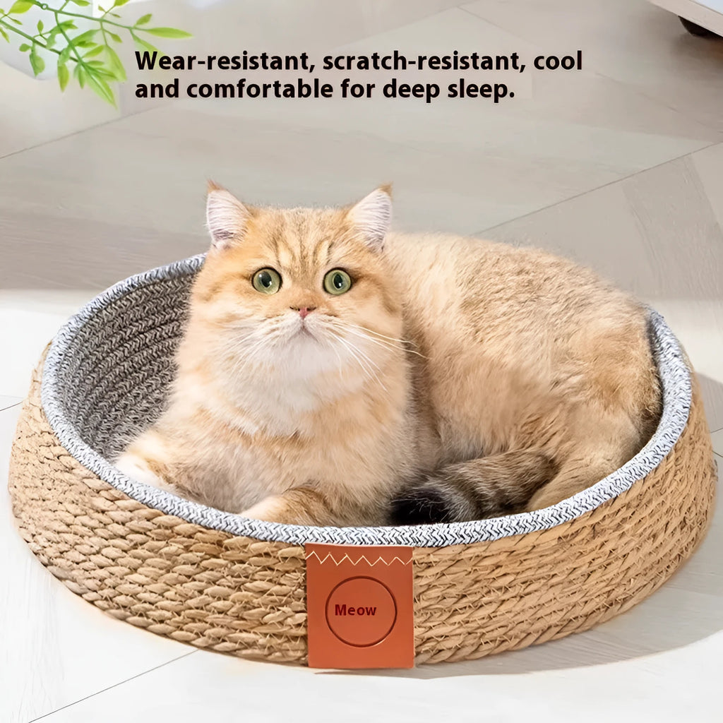 Circular rattan cat bed nest with woven sides, showing breathable construction for pet resting