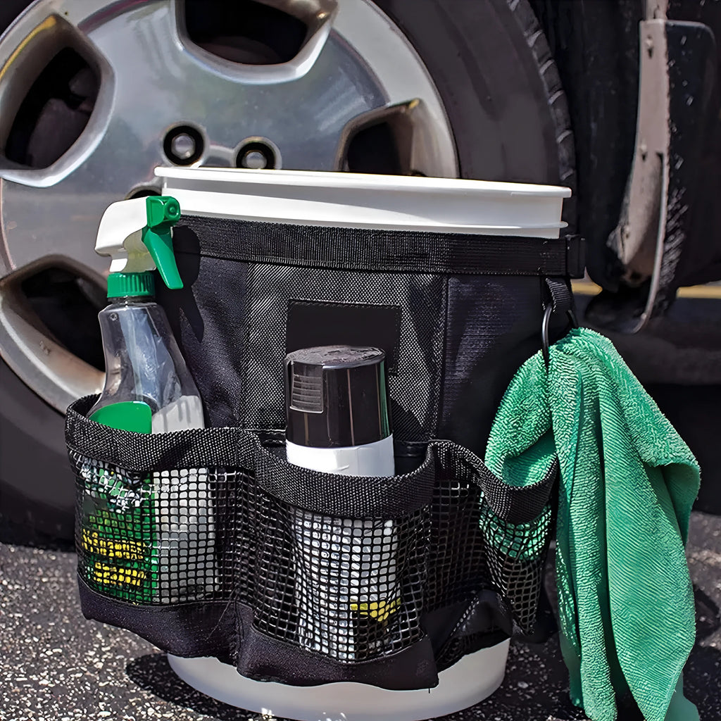 Black cylindrical hanging storage bag designed for 5 gallon barrels with car washing tools
