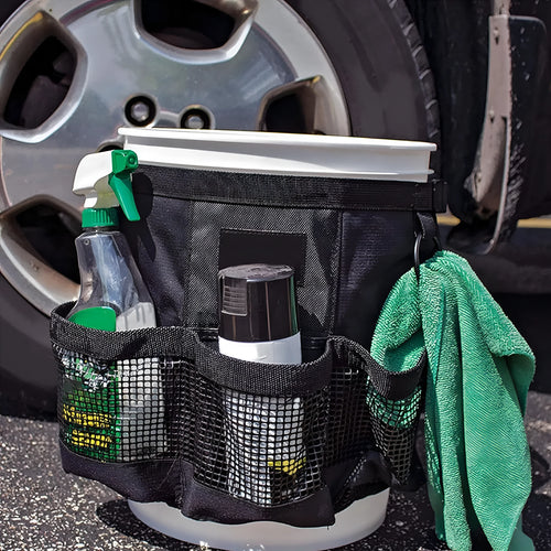 Black cylindrical hanging storage bag designed for 5 gallon barrels with car washing tools