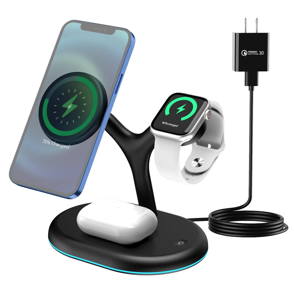Black three-in-one magnetic wireless charger with ABS plastic case on a table