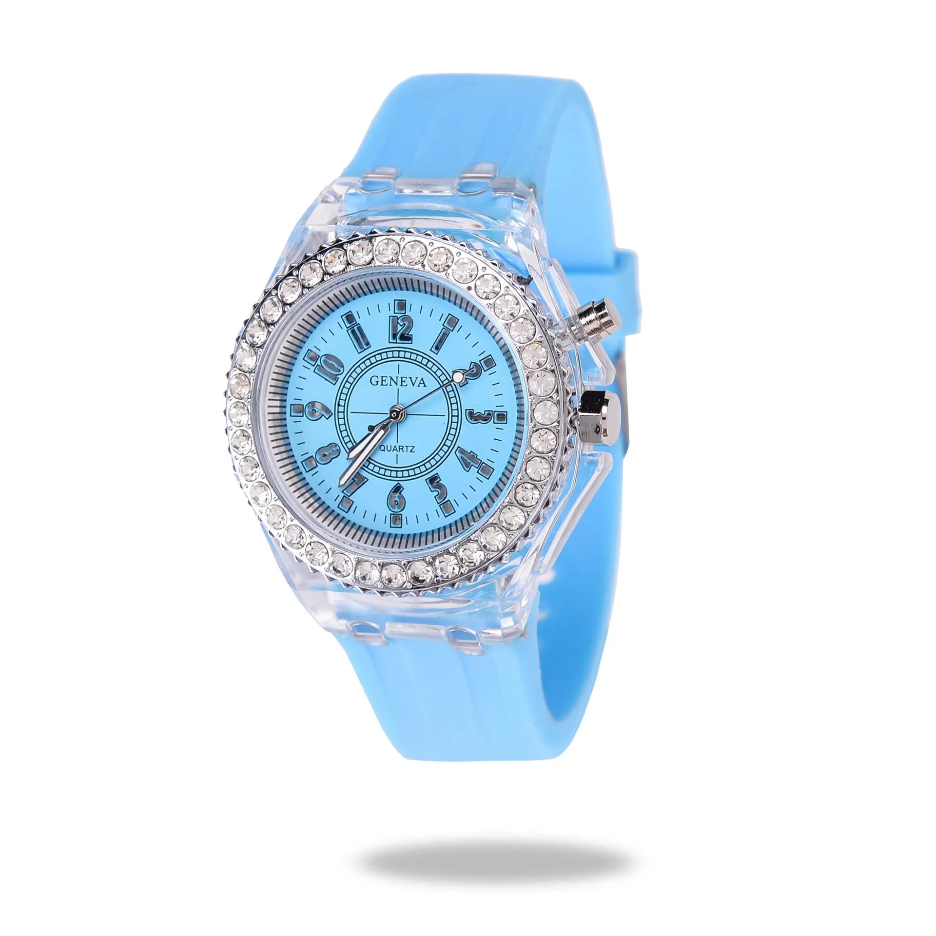 Women's LED luminous quartz watch with round 43mm alloy case and colourful silicone strap options.