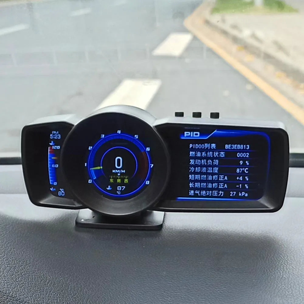 OBDII A600 vehicle driving monitor computer with HD screen on a car dashboard