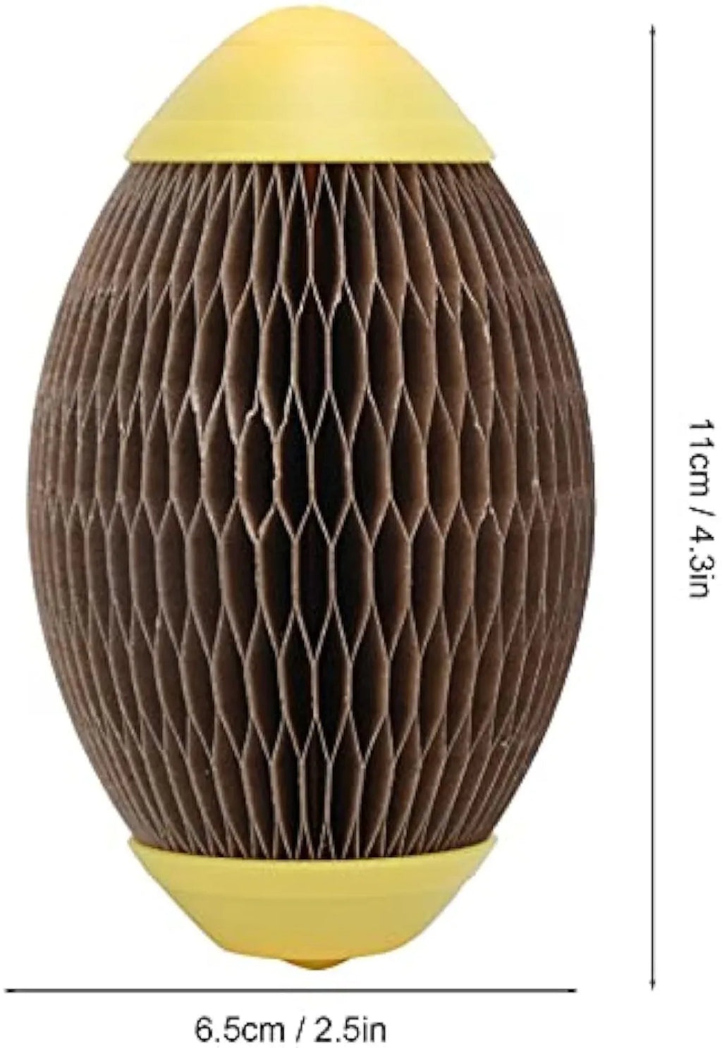 Ellipse-shaped catnip ball toy made of brown corrugated paper for scratching and play.