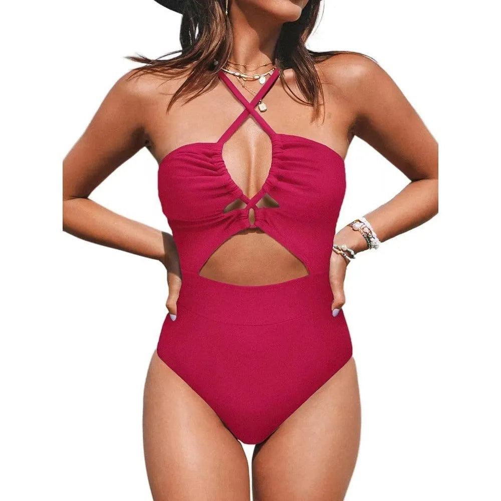 Women's solid colour backless one-piece swimsuit in black, red, or blue