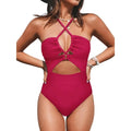 Women's solid colour backless one-piece swimsuit in black, red, or blue