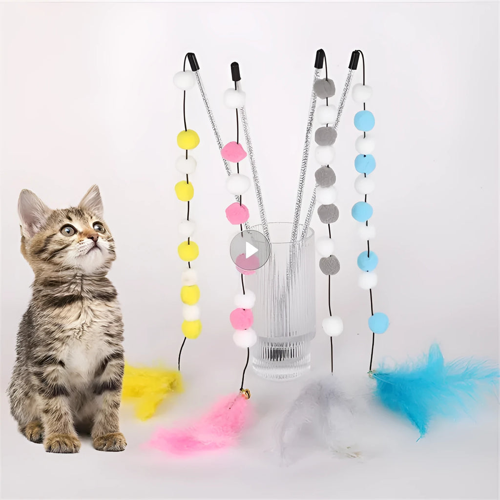 Colourful cat teaser stick with bell and feather toys measuring 31cm long
