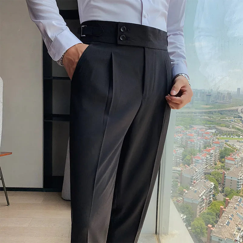 Men's solid colour straight-leg casual trousers in polyester fabric on a hanger.