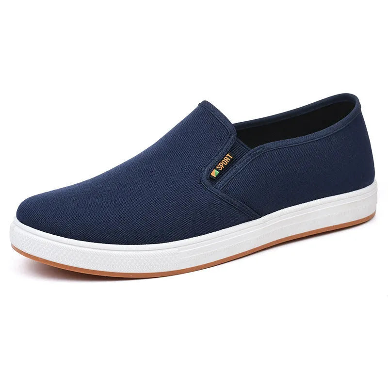 Men's low-top slip-on canvas shoes in black and blue, showing round toe and shallow cut.
