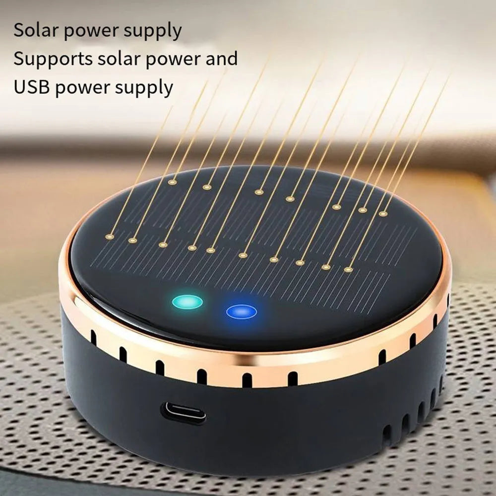 Black solar-powered car air humidifier mounted in a vehicle air conditioning vent