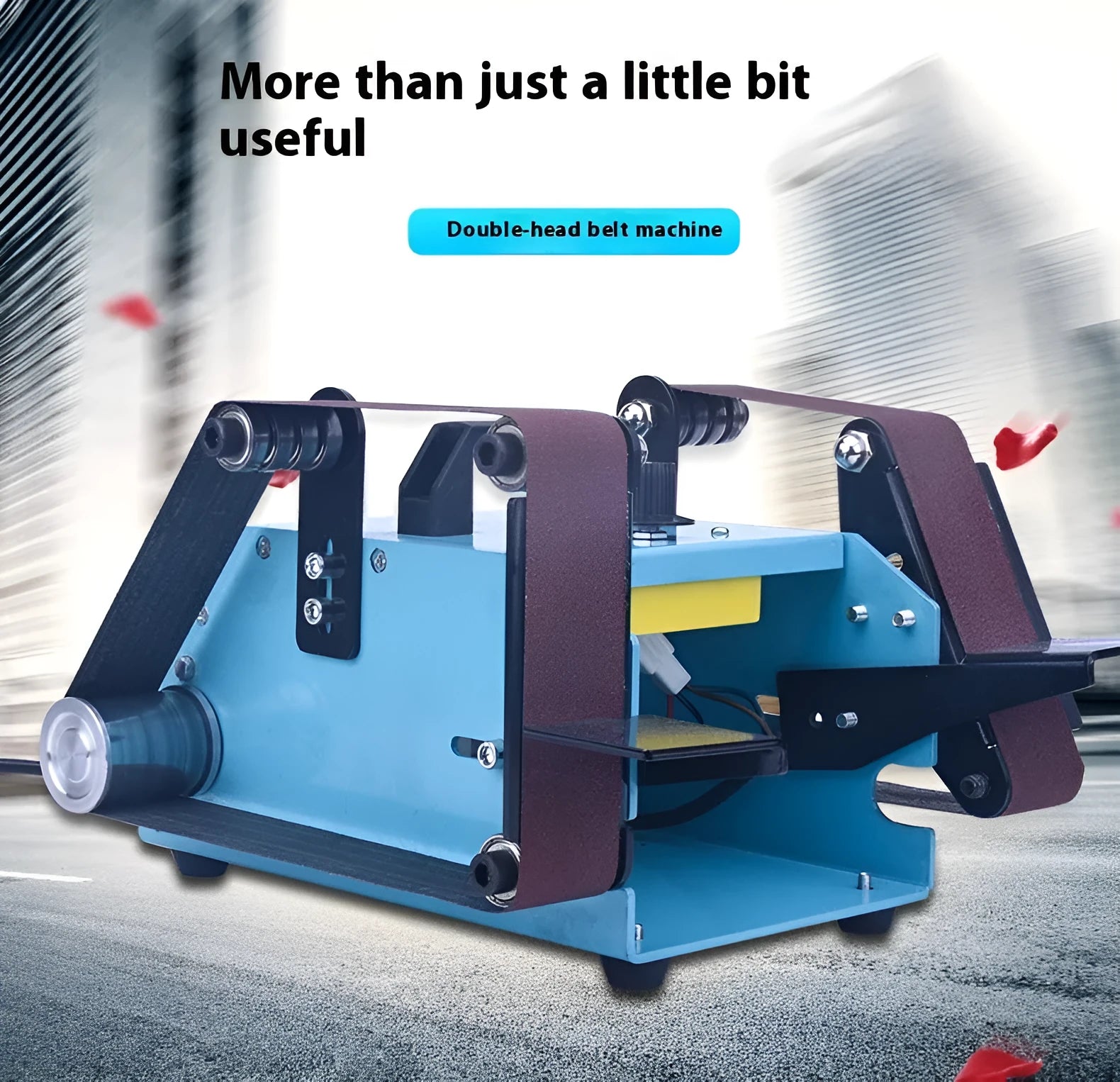 Blue desktop dual-axis belt sander for polishing and knife sharpening on a workbench.