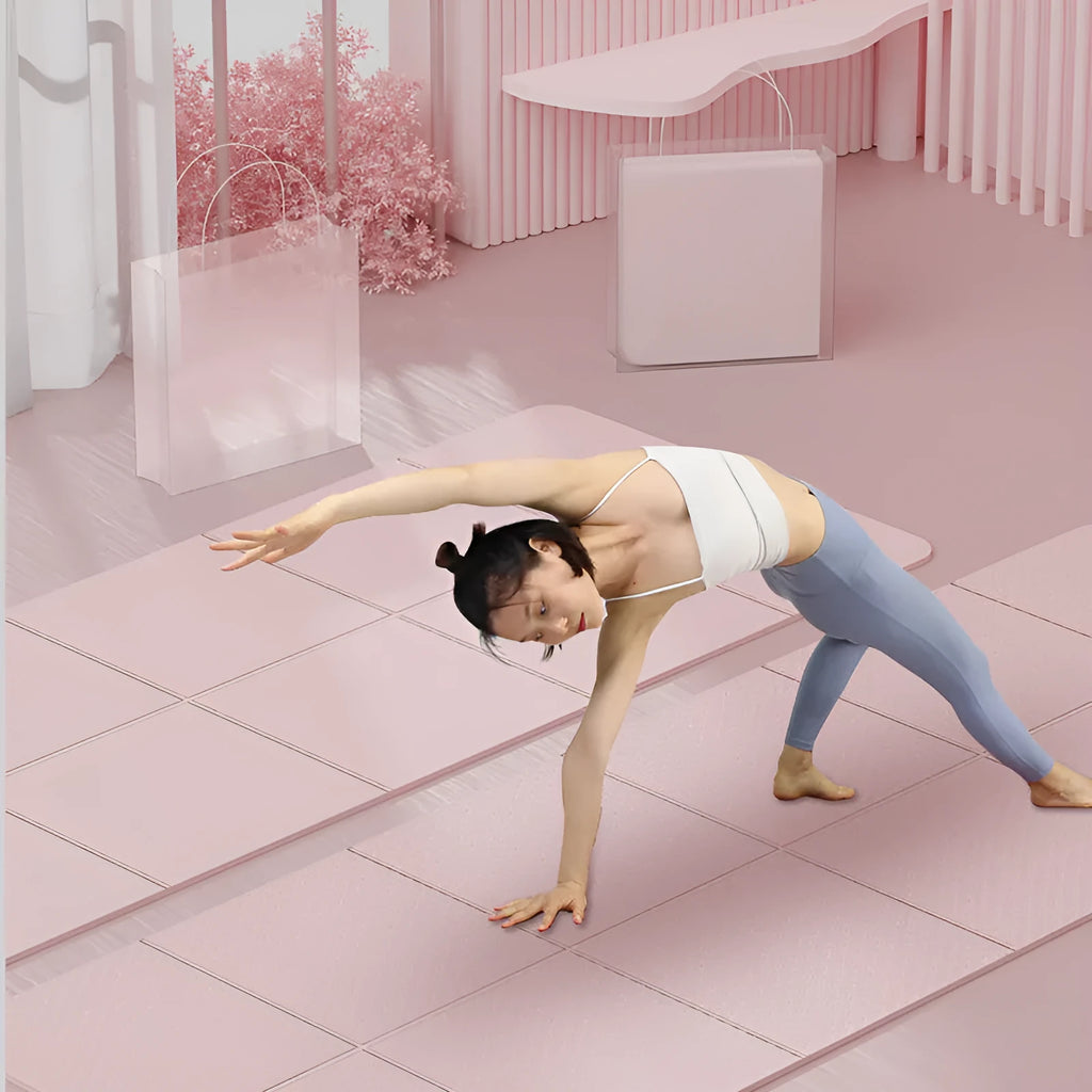 Folded and unfolded purple TPE gymnastic mat showing its six-fold design and non-slip texture.