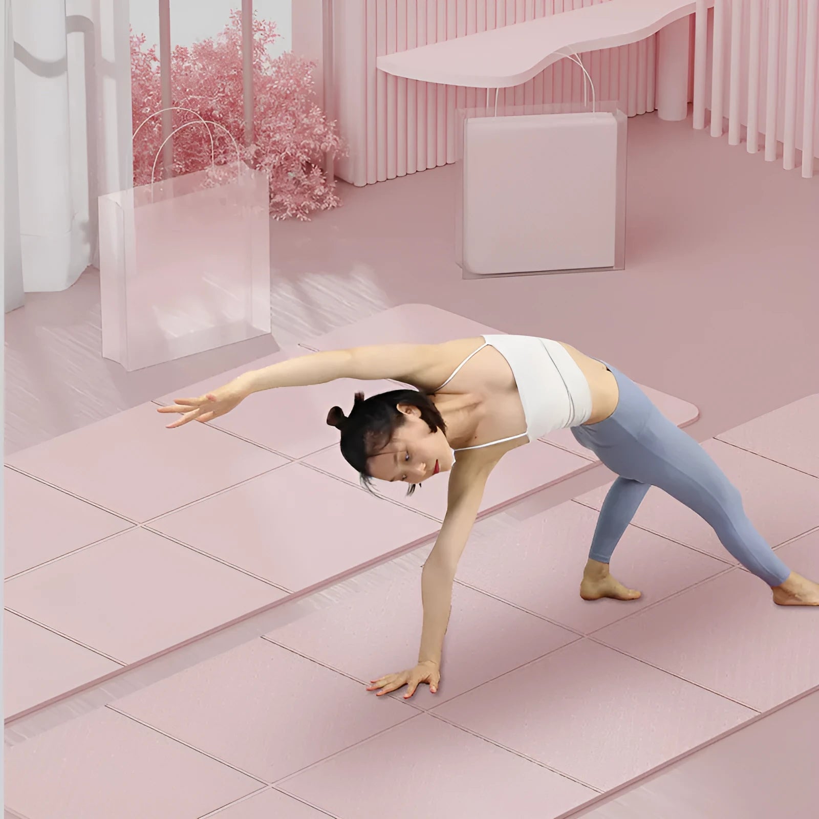Folded and unfolded purple TPE gymnastic mat showing its six-fold design and non-slip texture.