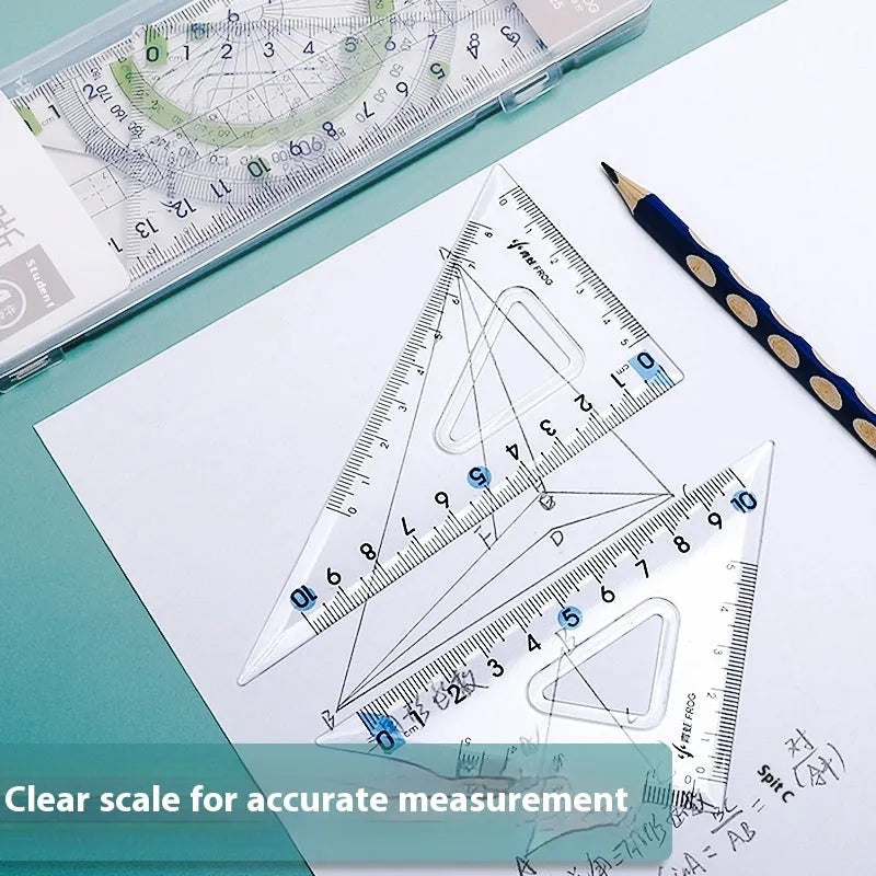 Transparent acrylic drawing ruler sets with square ruler and protractor for geometry and technical drafting