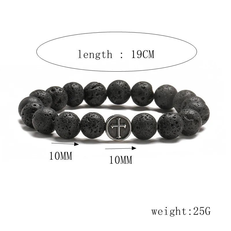 Men's volcanic agate bracelet with geometric design, stainless steel finish, and 10mm beads
