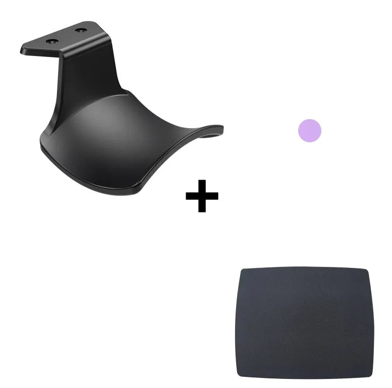 Black ABS plastic universal wall-mounted hanging rack holding a game controller and a gaming headset.