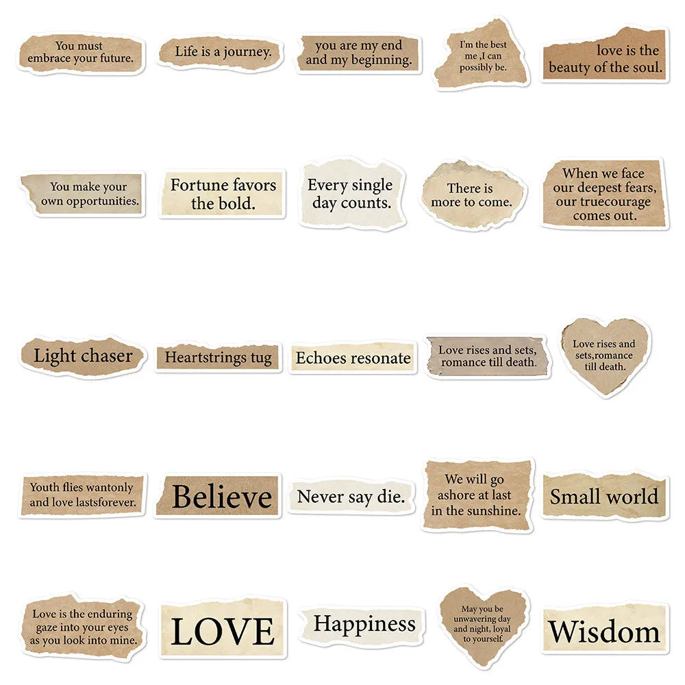 Pack of 25 torn English design decorative PVC stickers on a white background.