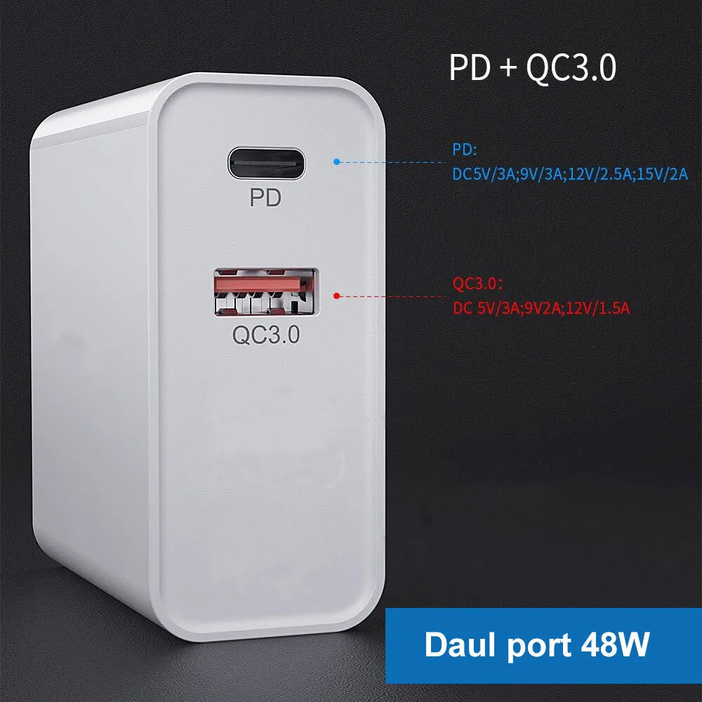 White 4-port fast charger with PD and QC technology showing UK plug