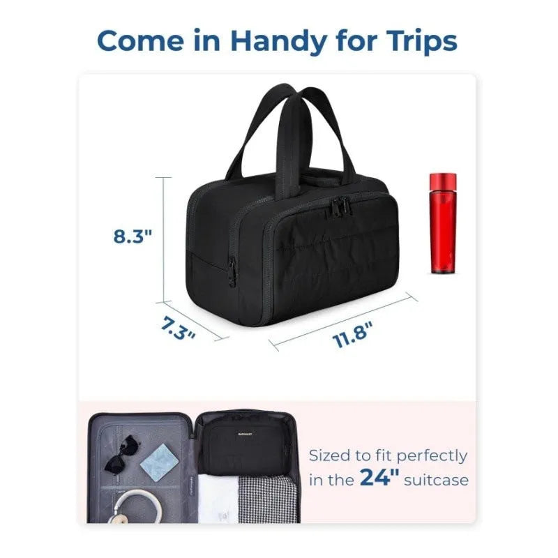Large wide open travel toiletry bag in lightweight polyester with fluffy texture, showing interior space