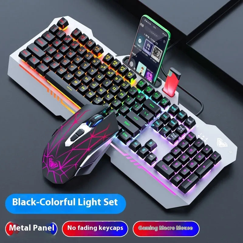 Metal mechanical keyboard bundle with gaming mouse, headset, and optional mouse pad on a desk.