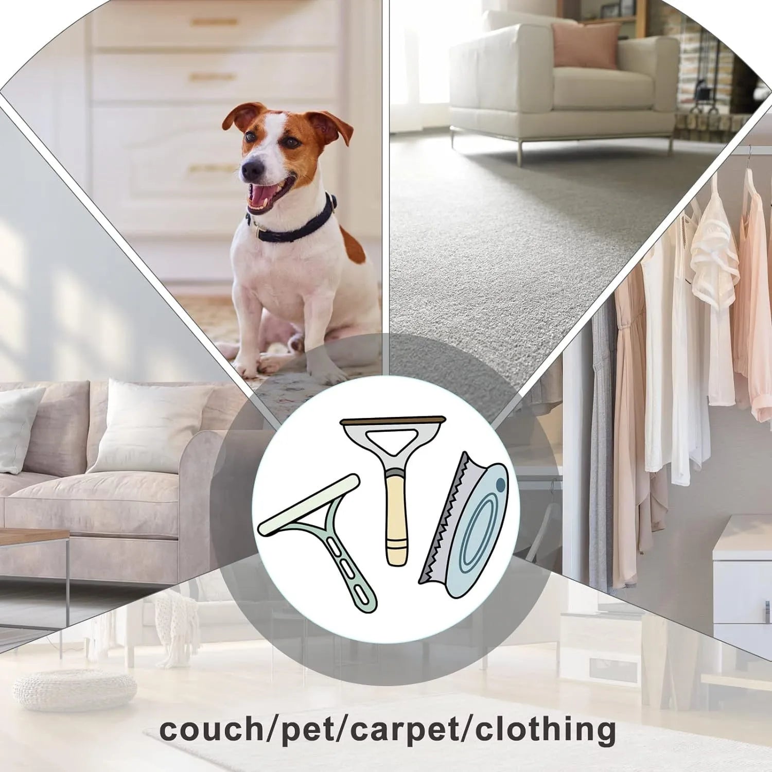 Three pet hair removal tools: metal lint brush, silicone roller, and round carpet scraper