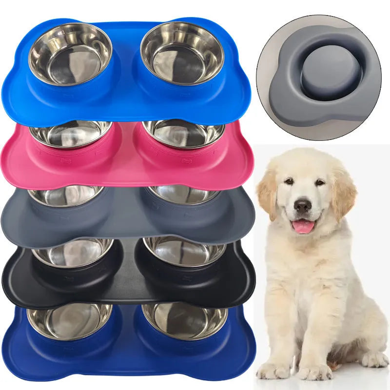 Large elevated silicone dog bowl with stainless steel insert in choice of colours on a kitchen floor.