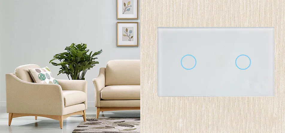 2-gang RF remote control touch light switch with tempered glass panel in white, black or gold finish