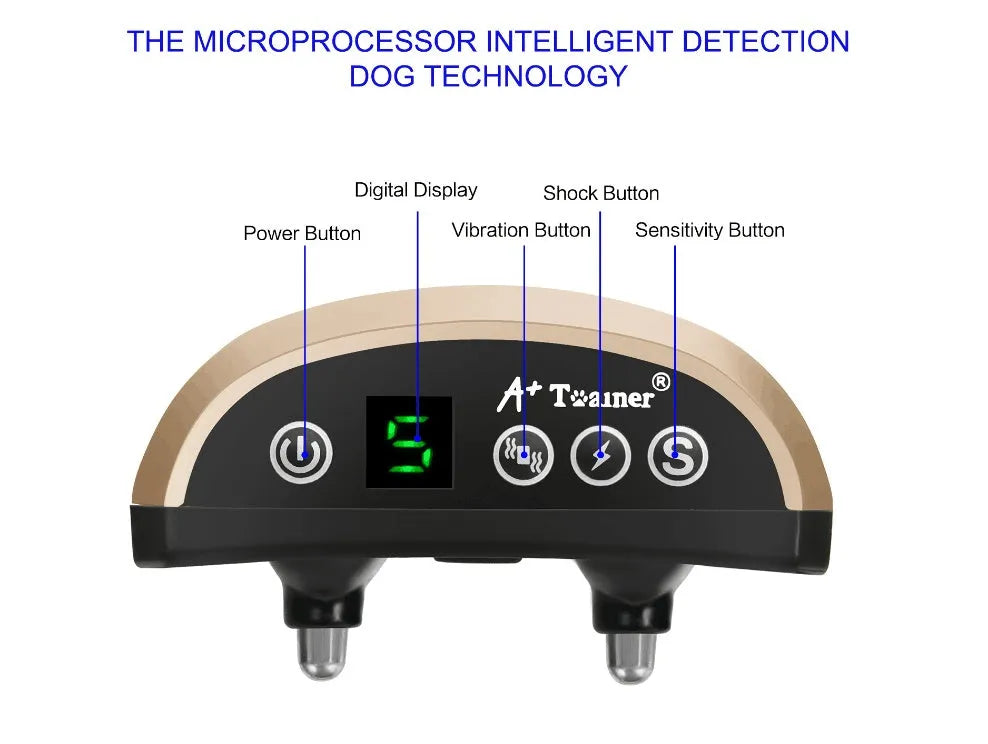 Electronic anti-bark dog training collar with digital display on a black adjustable reflective strap.