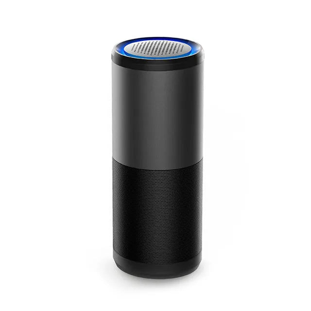 Compact black portable car air purifier with USB port and air quality indicator light.