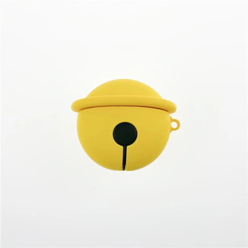 Yellow silicone AirPods case with small bell accessory attached for AirPods 1 and 2
